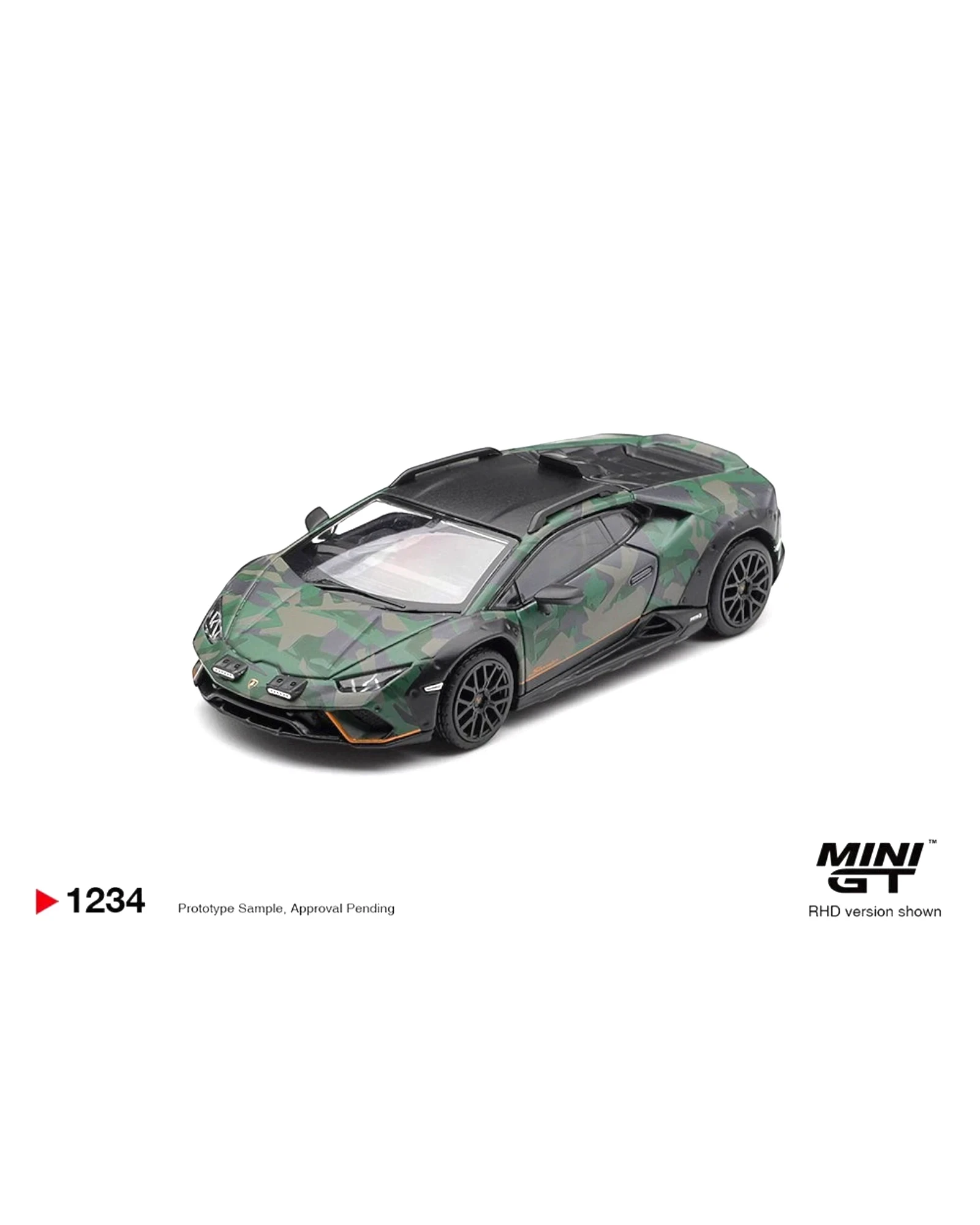More Than Diecast Mini GT 1:64 Lamborghini Huracan Sterrato all-terrain model in camouflage green with black roof and accents.
