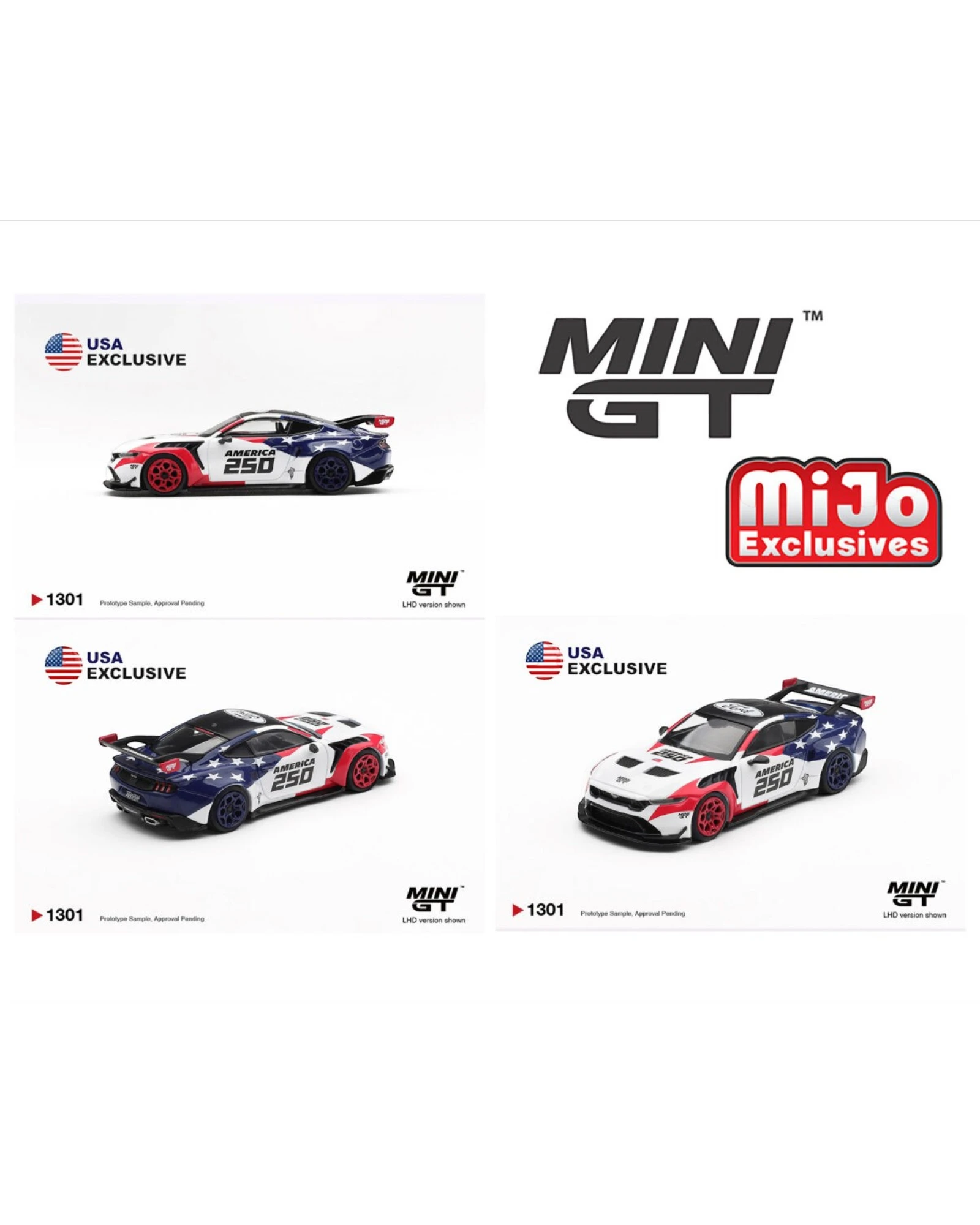 More Than Diecast Mini GT 1:64 Ford Mustang GTD America 250 USA Exclusive LHD diecast model car with patriotic livery.