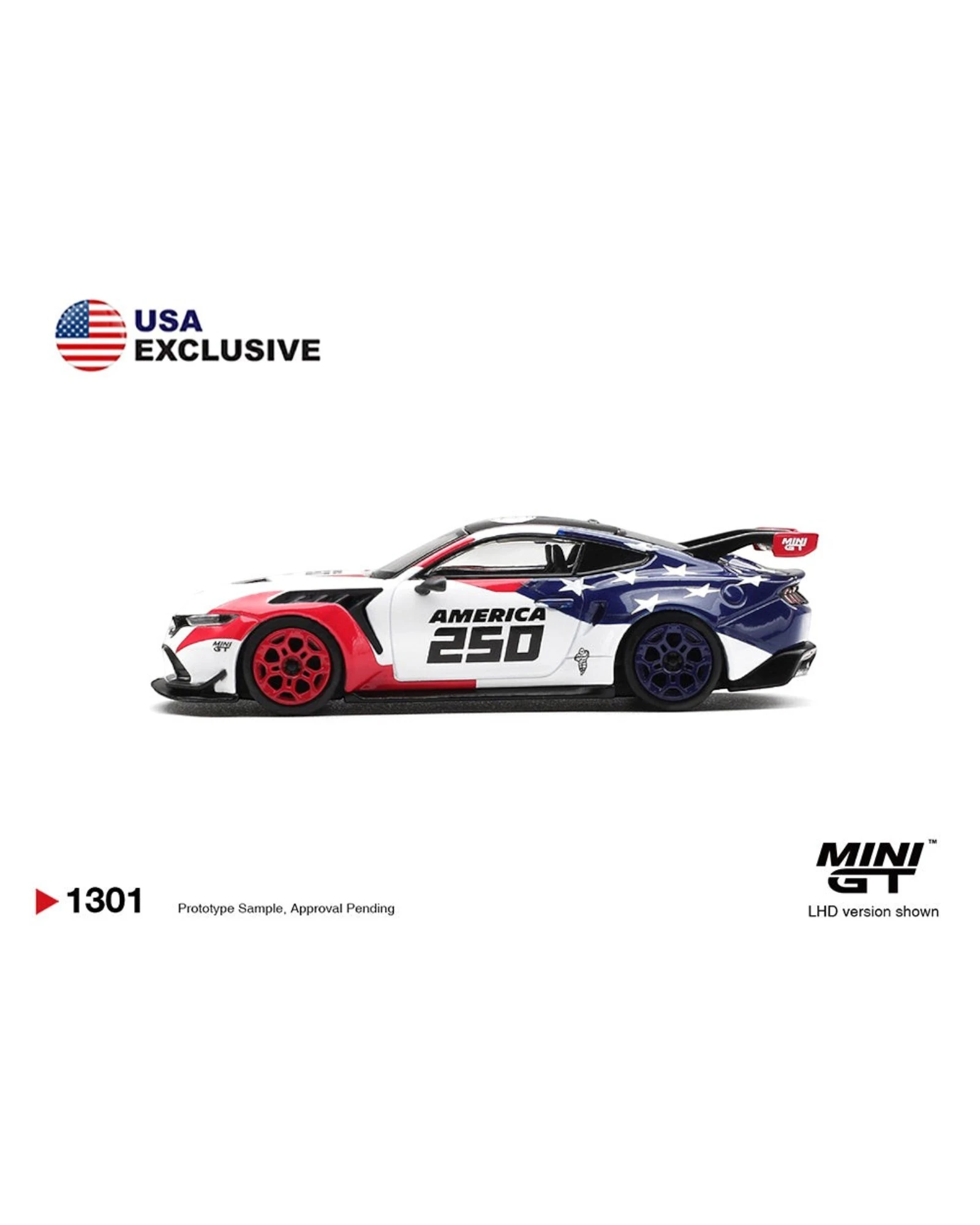 More Than Diecast Mini GT 1:64 Ford Mustang GTD America 250 USA Exclusive LHD diecast model car, white with red and blue American flag graphics.