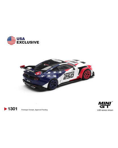 More Than Diecast Mini GT 1:64 Ford Mustang GTD America 250 USA Exclusive LHD diecast model car with American flag livery.
