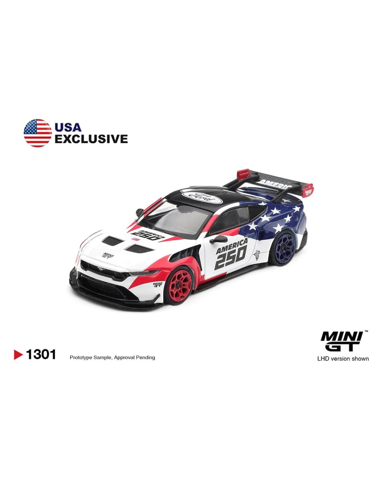 More Than Diecast Mini GT 1:64 Ford Mustang GTD America 250 USA Exclusive LHD diecast model car, white with red and blue star accents.