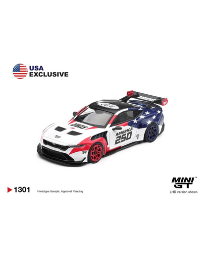 More Than Diecast Mini GT 1:64 Ford Mustang GTD America 250 USA Exclusive LHD diecast model car, white with red and blue star accents.