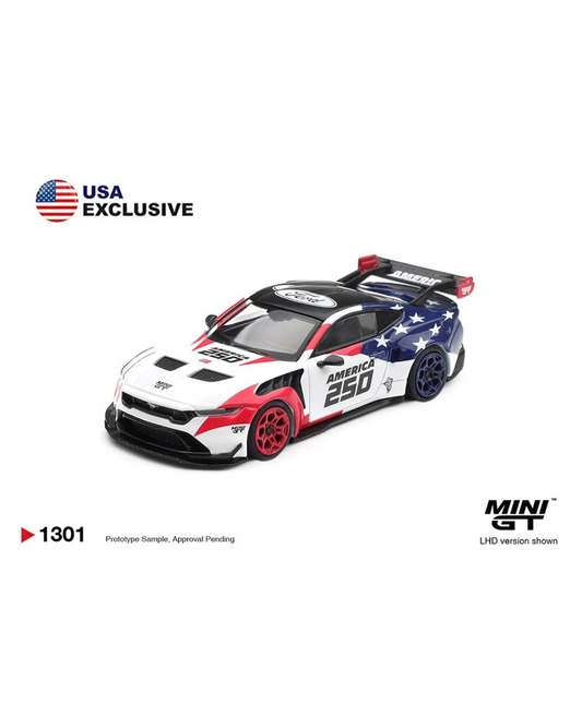 More Than Diecast Mini GT 1:64 Ford Mustang GTD America 250 USA Exclusive LHD diecast model car, white with red and blue star accents.