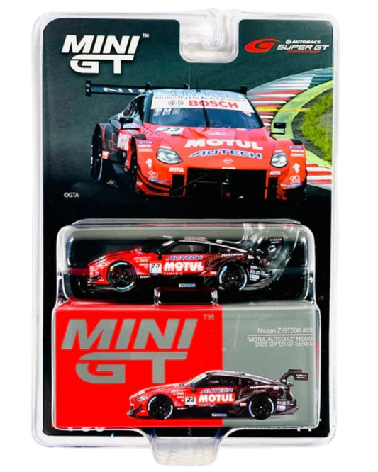 More Than Diecast Mini GT Mijo Exclusive Nissan Z GT500 #23 MOTUL AUTECH Z NISMO 2023 diecast model car in red with black accents.