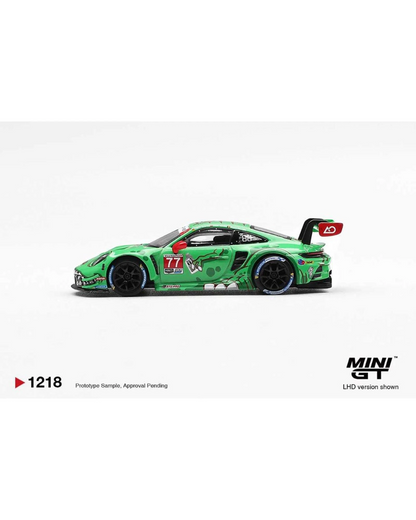 More Than Diecast 1:64 scale green Porsche 911 GT3 R (992) #77 AO Racing die-cast model with detailed race livery.