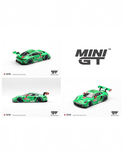 More Than Diecast Mini GT 1:64 Porsche 911 GT3 R (992) #77 AO Racing green die-cast model car with race livery.