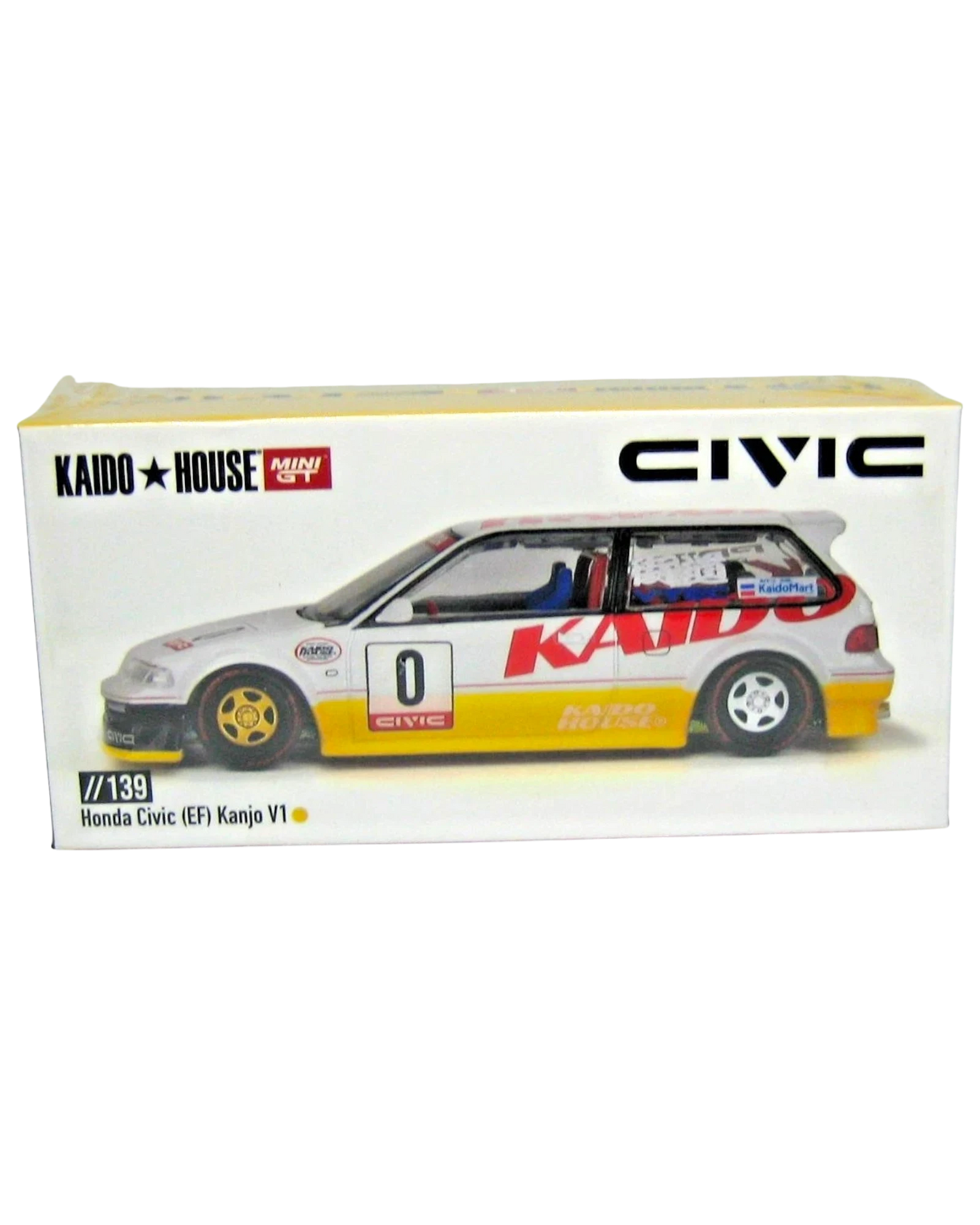More Than Diecast Mini GT x Kaido House white and yellow Honda Civic EF Kanjo V1 1:64 scale die-cast model with racing livery.