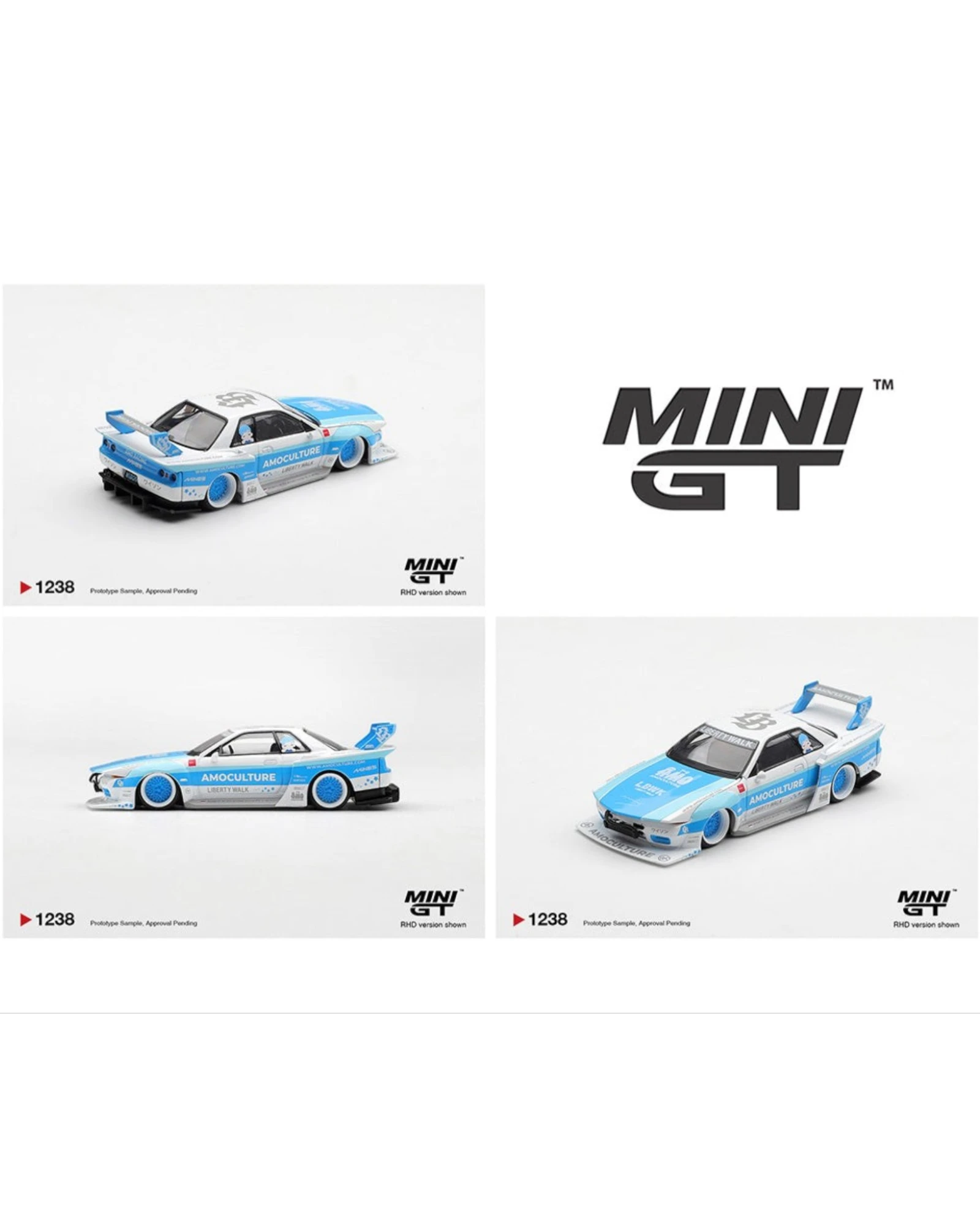More Than Diecast 1:64 scale white and blue Nissan Skyline GT-R R32 die-cast model with wide body kit and AMOCULTURE livery.