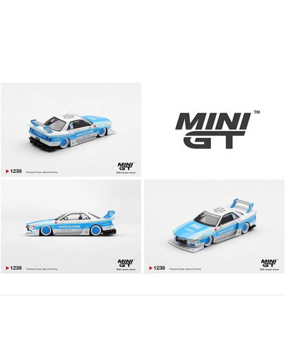 More Than Diecast 1:64 scale white and blue Nissan Skyline GT-R R32 die-cast model with wide body kit and AMOCULTURE livery.