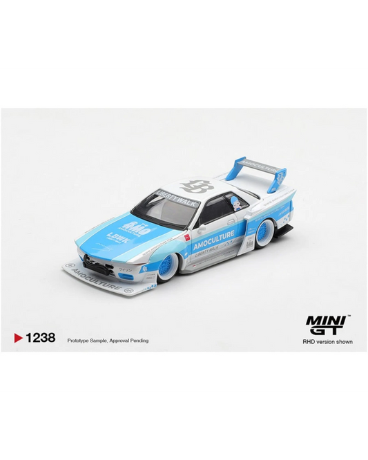 More Than Diecast 1:64 scale white and blue Nissan Skyline GT-R R32 LBWK Kaido Works AMOCULTURE die-cast model with wide body kit and racing livery.