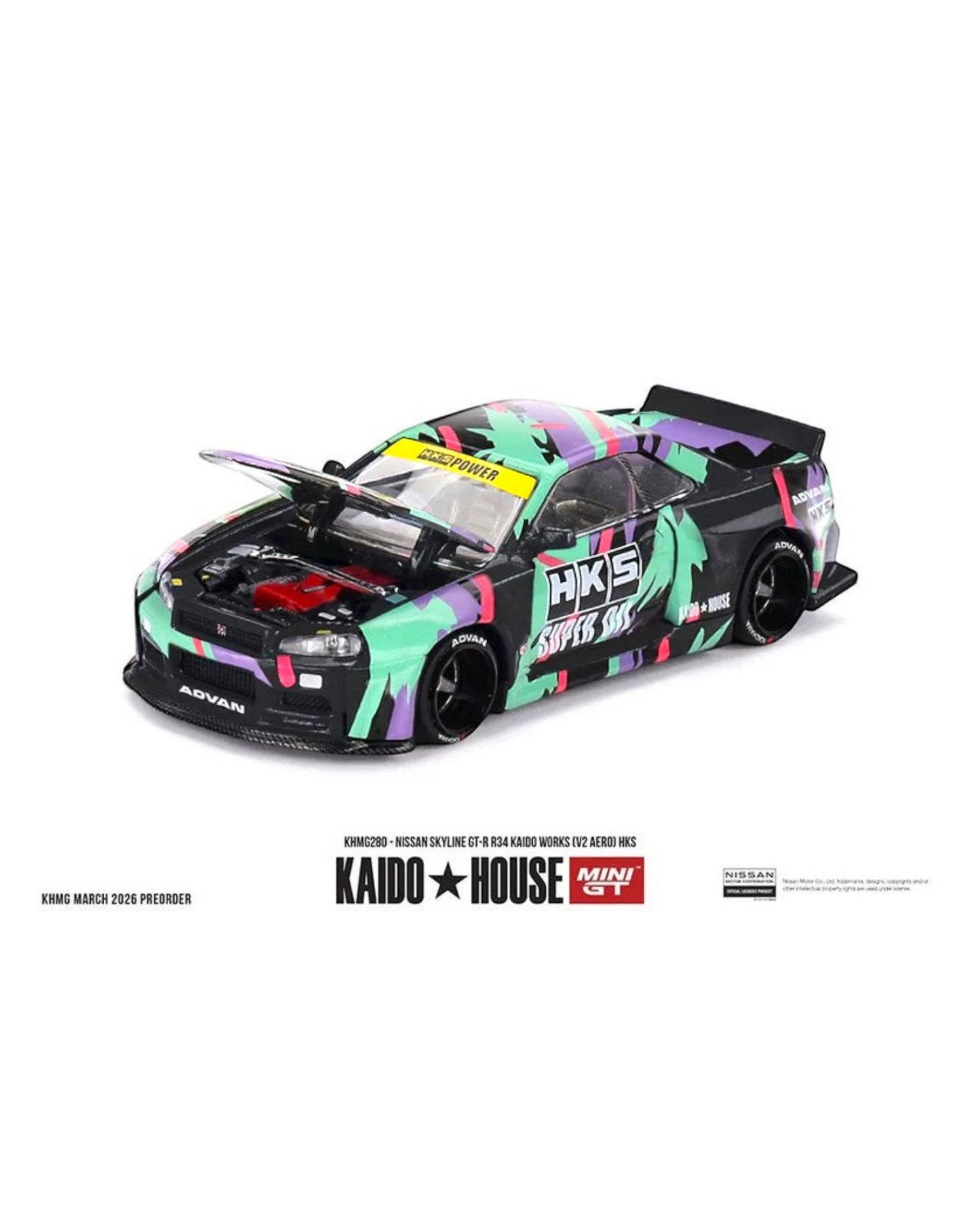 More Than Diecast 1:64 scale Nissan Skyline GT-R R34 Kaido Works V2 Aero HKS livery die-cast model with opening hood.