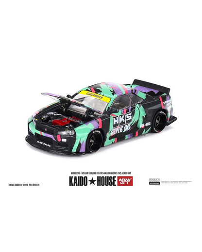 More Than Diecast 1:64 scale Nissan Skyline GT-R R34 Kaido Works V2 Aero HKS livery die-cast model with opening hood.