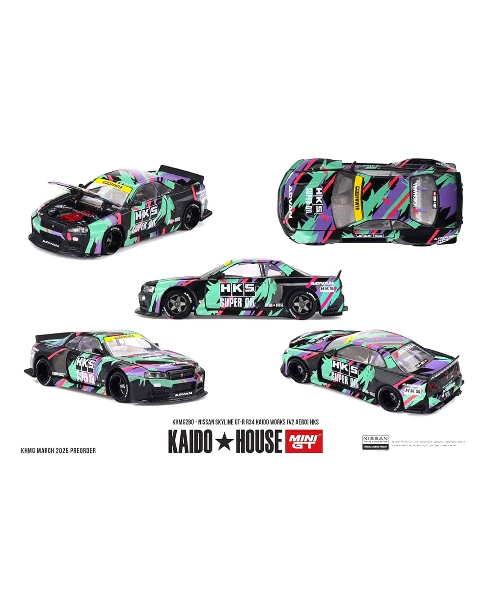 More Than Diecast 1:64 scale Nissan Skyline GT-R R34 with Kaido Works V2 Aero kit and HKS livery. Features opening hood.