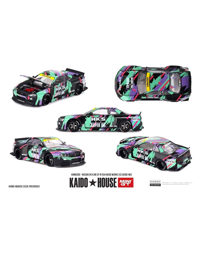 More Than Diecast 1:64 scale Nissan Skyline GT-R R34 with Kaido Works V2 Aero kit and HKS livery. Features opening hood.