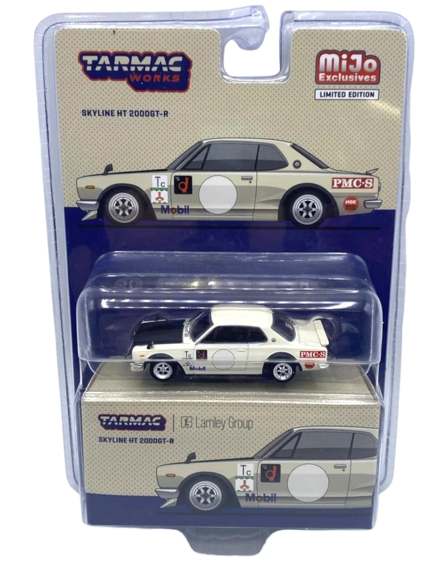 More Than Diecast Tarmac Works Nissan Skyline HT 2000GT-R RHD diecast model in cream with racing decals and black hood.