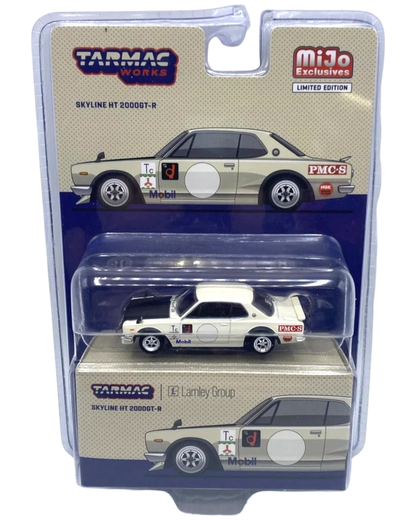 More Than Diecast Tarmac Works Nissan Skyline HT 2000GT-R RHD diecast model in cream with racing decals and black hood.