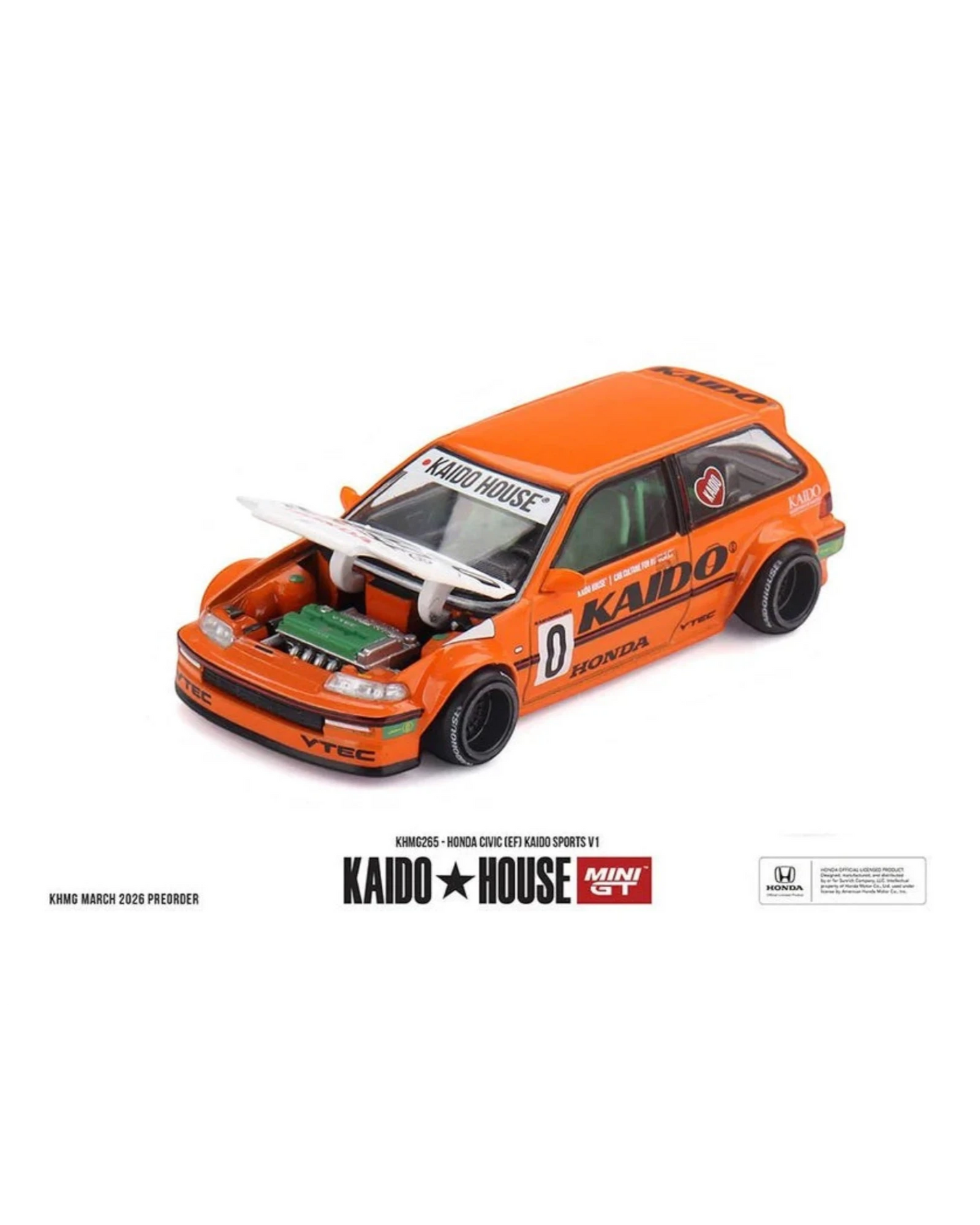 Orange Kaido House x Mini GT 1:64 Honda Civic EF Kaido Sports V1 die-cast model, limited edition.