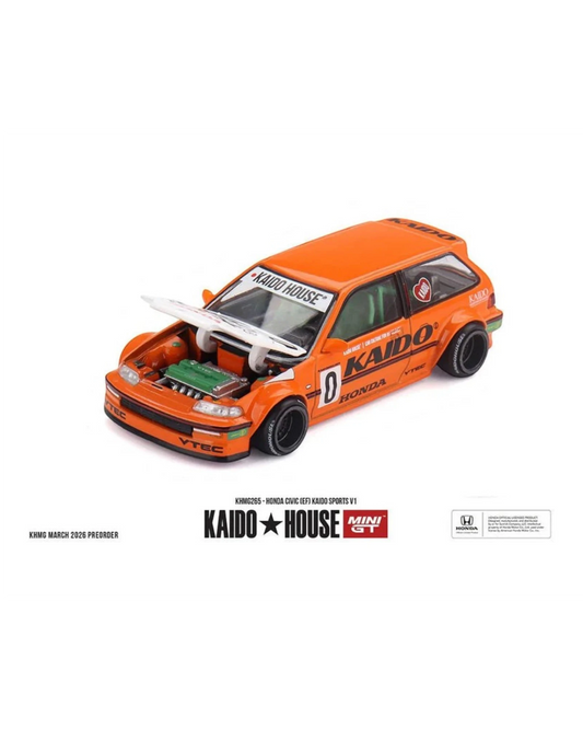Orange Kaido House x Mini GT 1:64 Honda Civic EF Kaido Sports V1 die-cast model, limited edition.