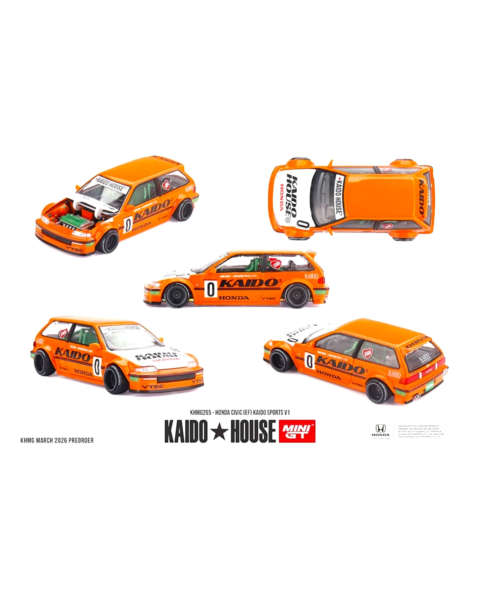 Orange Kaido House x Mini GT 1:64 Honda Civic EF Kaido Sports V1 die-cast model, limited edition, multiple angles.