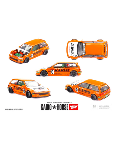 Orange Kaido House x Mini GT 1:64 Honda Civic EF Kaido Sports V1 die-cast model, limited edition, multiple angles.