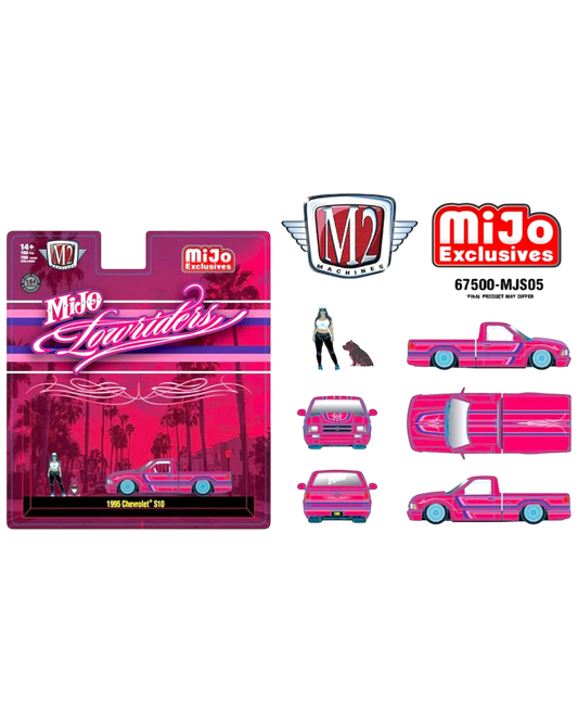 More Than Diecast M2 Machines 1:64 scale pink 1995 Chevrolet S10 Lowrider with girl and pitbull dog figures.