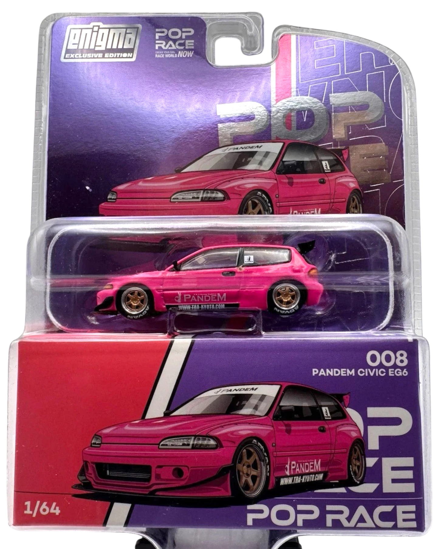 More Than Diecast Enigma Exclusive Pop Race Pandem Civic EG6 in vibrant pink with widebody kit and gold rims.