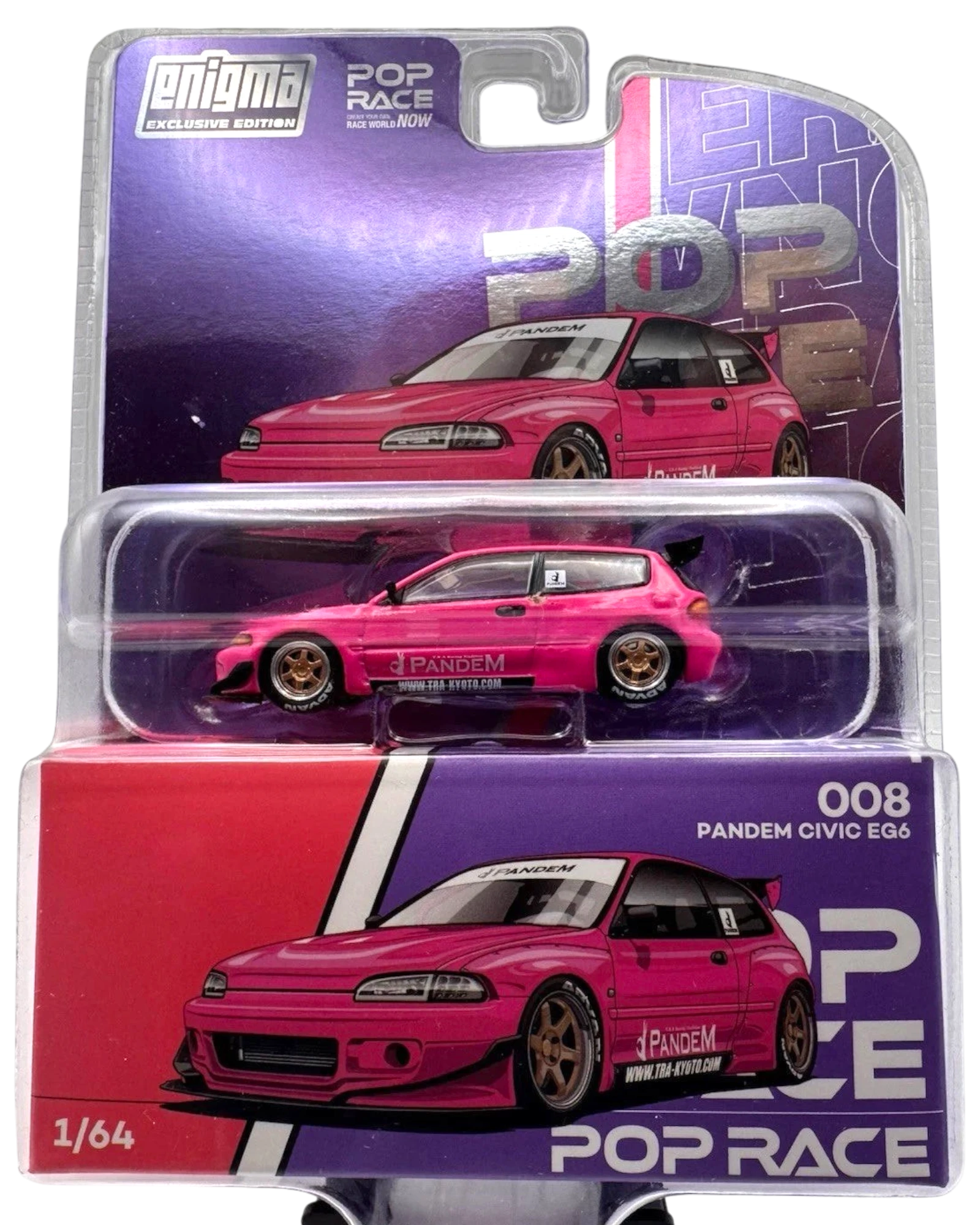More Than Diecast Enigma Exclusive Pop Race Pandem Civic EG6 in vibrant pink with widebody kit and gold rims.