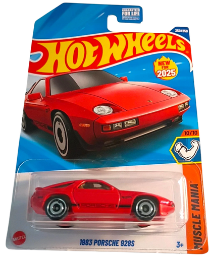 More Than Diecast presents the 2025 Hot Wheels 1983 Porsche 928S, a red 1:64 scale die-cast car in Muscle Mania packaging.