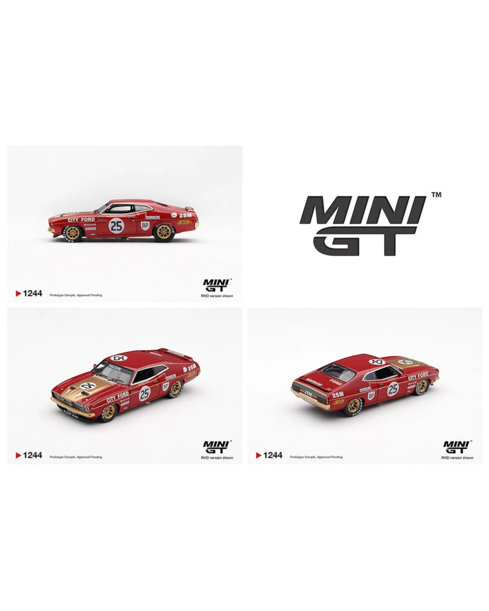 More Than Diecast 1:64 scale red Ford XB Falcon GT race car with gold accents and racing decals, number 25.