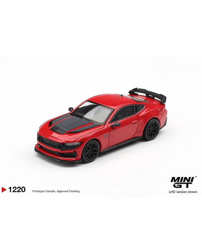 More Than Diecast 1:64 scale red Ford Mustang Dark Horse die-cast model with black racing stripes and spoiler.