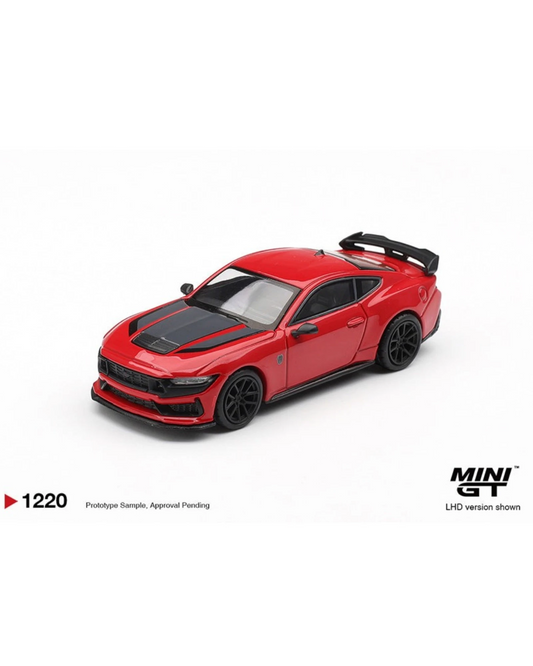 More Than Diecast 1:64 scale red Ford Mustang Dark Horse die-cast model with black racing stripes and spoiler.