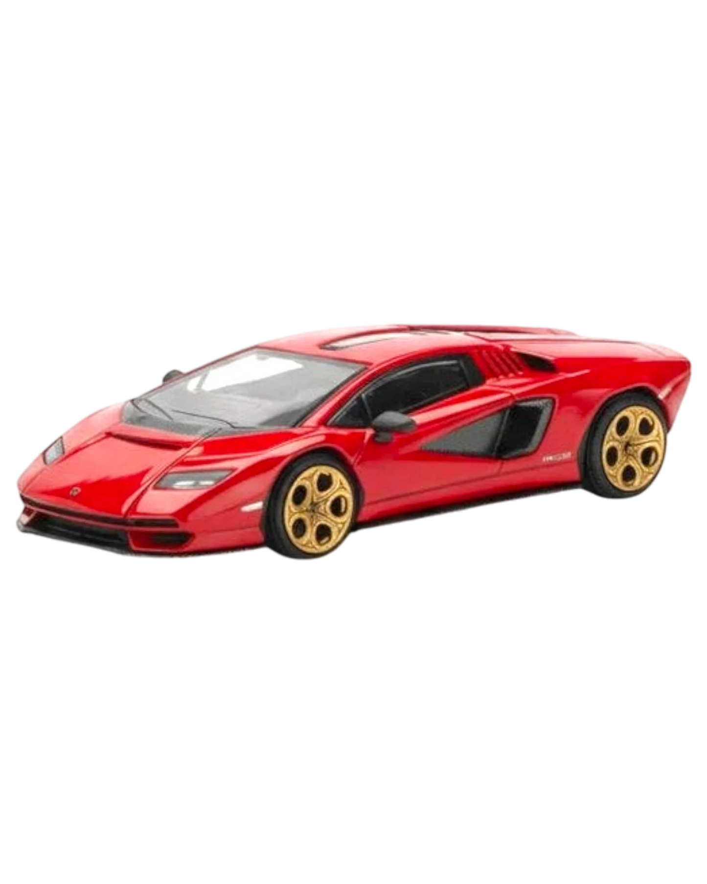 More Than Diecast 1:64 scale red Lamborghini Countach LPI 800-4 die-cast model with gold wheels.