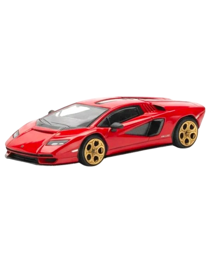 More Than Diecast 1:64 scale red Lamborghini Countach LPI 800-4 die-cast model with gold wheels.