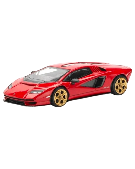 More Than Diecast 1:64 scale red Lamborghini Countach LPI 800-4 die-cast model with gold wheels.