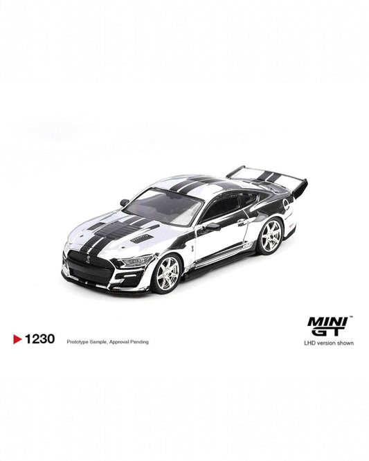 More Than Diecast 1:64 scale Chrome Silver Shelby GT500 Dragon Snake Concept model car with black racing stripes.