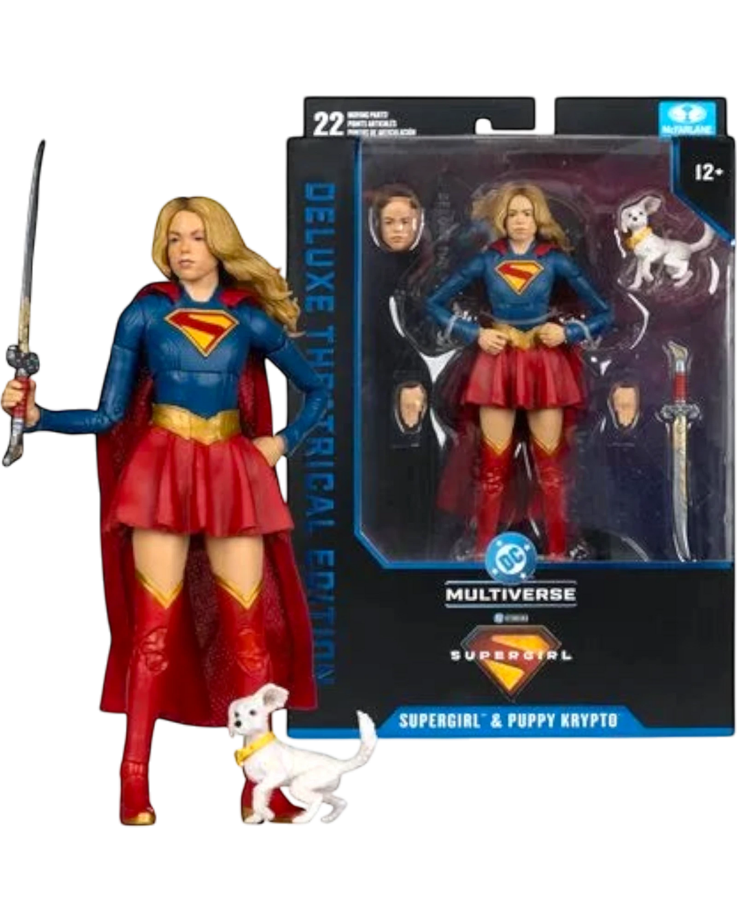 More Than Diecast McFarlane Toys DC Multiverse Supergirl and Baby Krypto 7-inch action figures with sword and interchangeable heads.