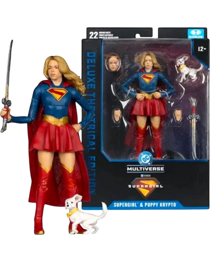 More Than Diecast McFarlane Toys DC Multiverse Supergirl and Baby Krypto 7-inch action figures with sword and interchangeable heads.