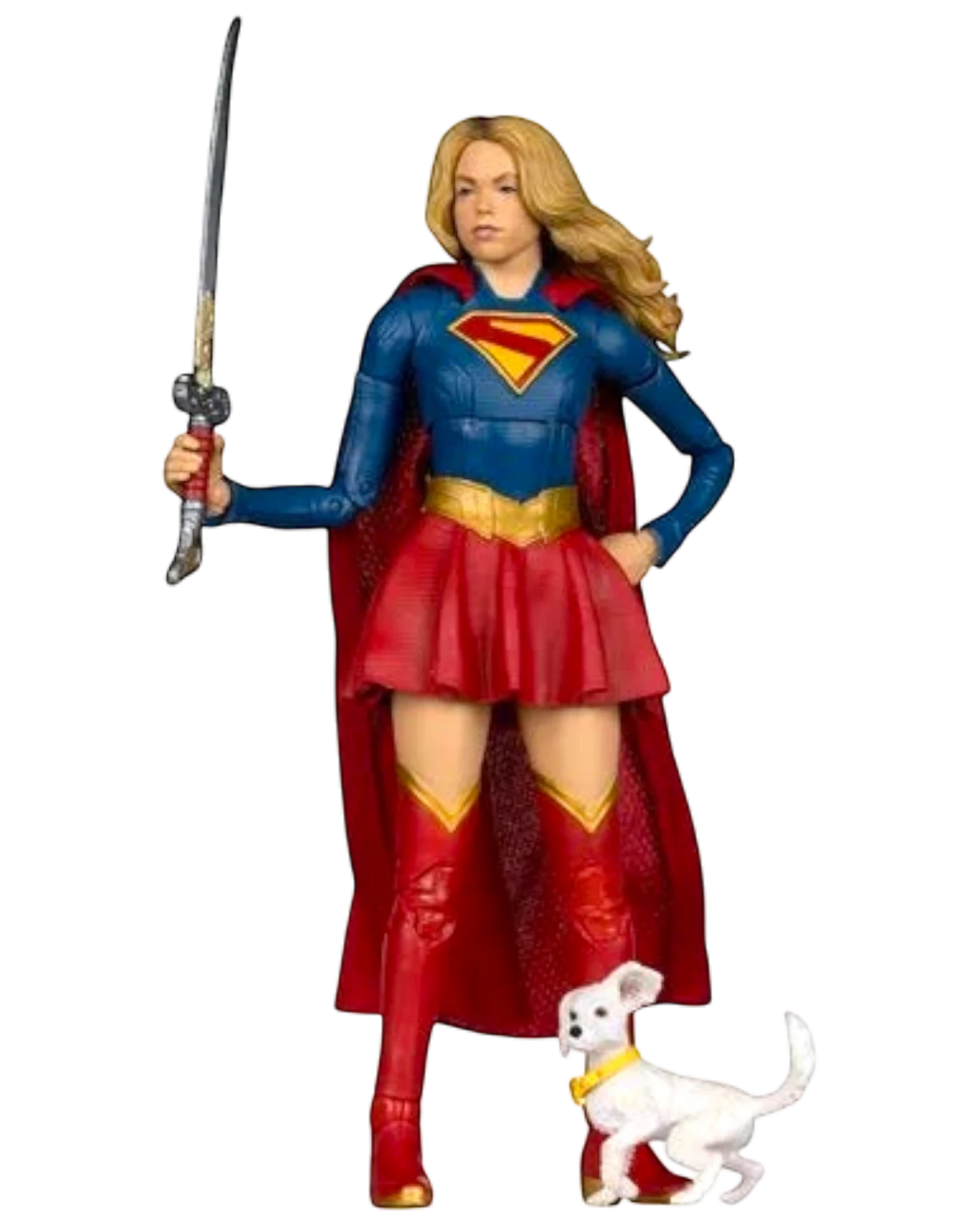 More Than Diecast McFarlane Toys Supergirl action figure with Baby Krypto, 7-inch scale, movie-accurate costume, red skirt, blue top, cape, sword, and yellow accents.