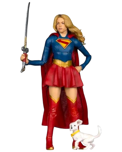 More Than Diecast McFarlane Toys Supergirl action figure with Baby Krypto, 7-inch scale, movie-accurate costume, red skirt, blue top, cape, sword, and yellow accents.