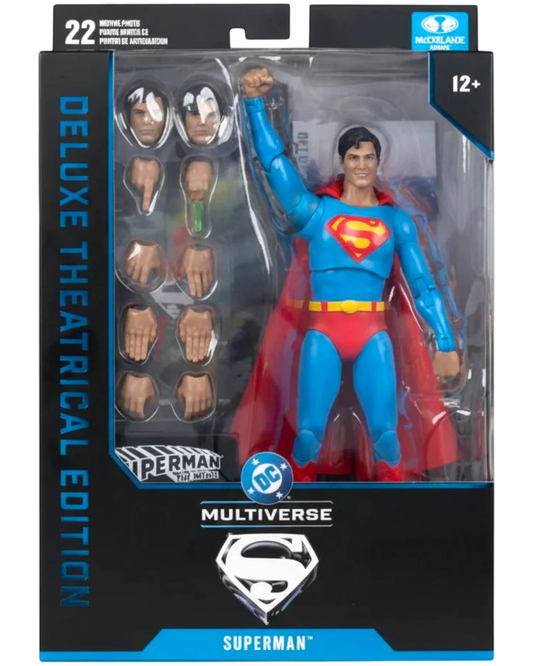 More Than Diecast McFarlane DC Multiverse Superman 1978 7-inch action figure, blue suit, red cape, includes alternate heads and hands.
