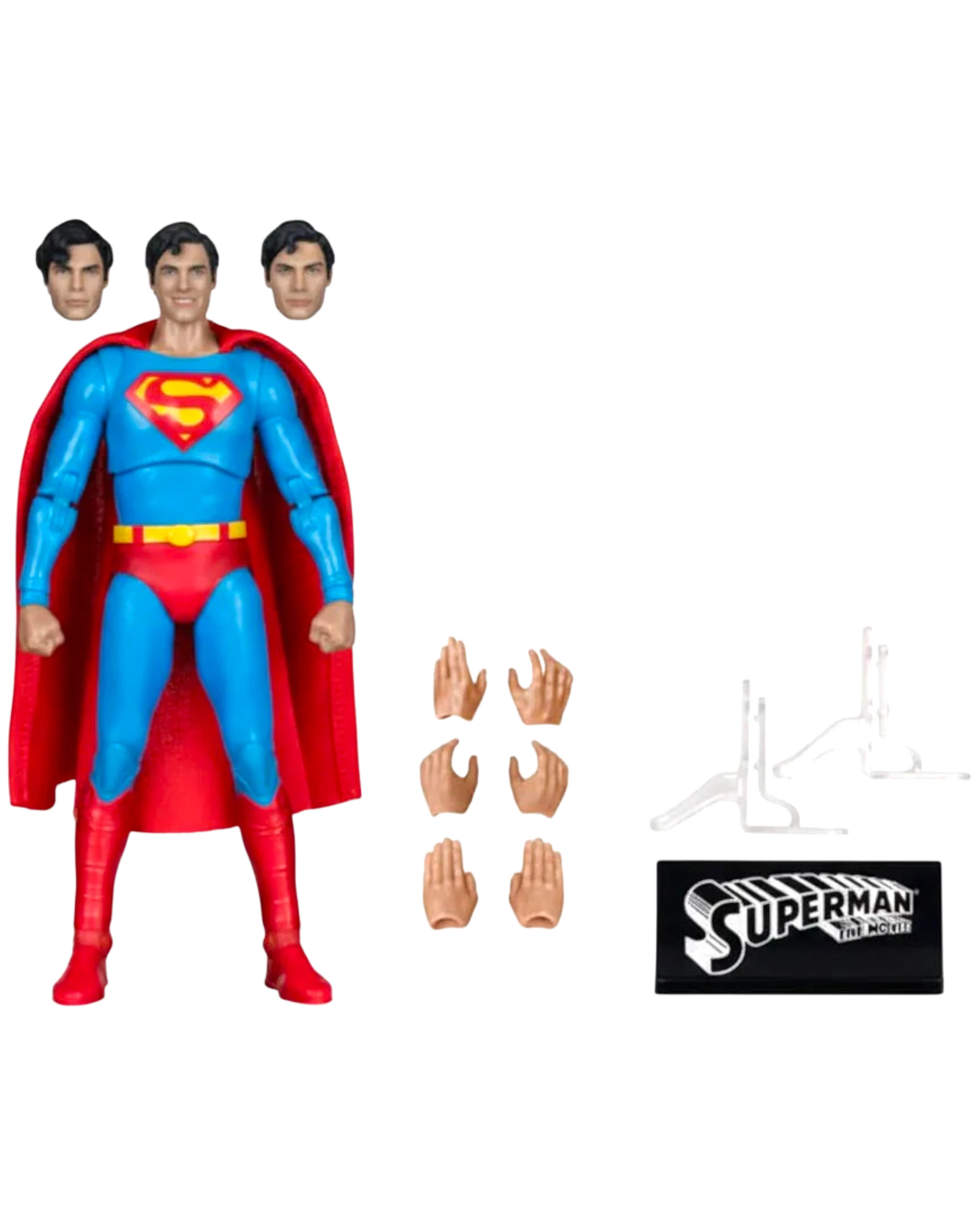 More Than Diecast McFarlane DC Multiverse 1978 Superman 7-inch action figure with alternate heads, hands, and display stand.