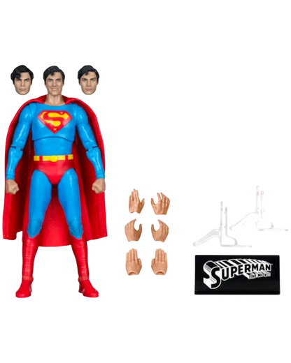 More Than Diecast McFarlane DC Multiverse 1978 Superman 7-inch action figure with alternate heads, hands, and display stand.