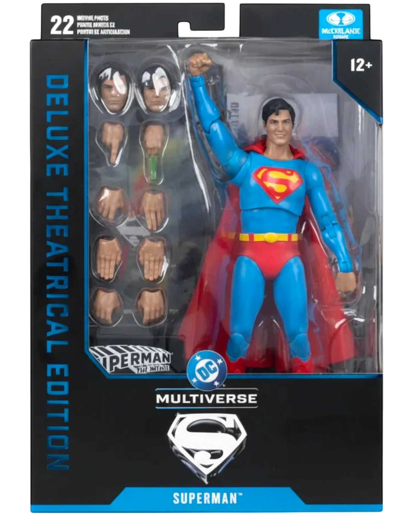 More Than Diecast McFarlane Toys DC Multiverse 7" Superman (1978) action figure, blue suit, red cape, interchangeable hands and heads.