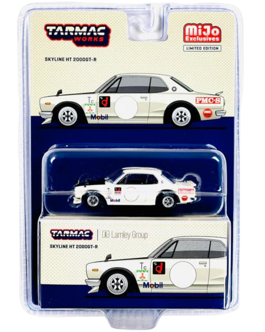 More Than Diecast Tarmac Works Nissan Skyline 2000 GT-R KPGC10 Lamley Edition diecast model in white with racing decals.