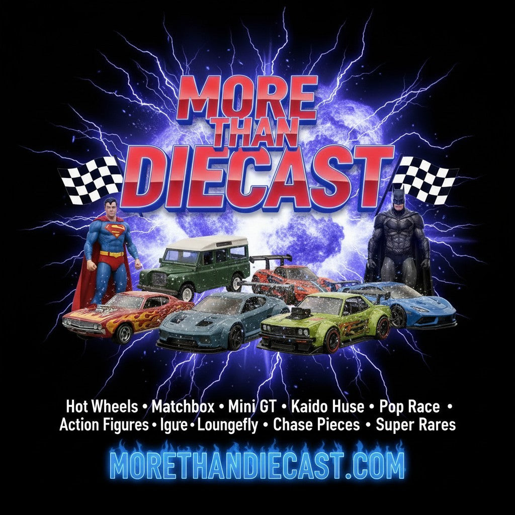 More Than Diecast logo with various toy cars and superhero figures including Superman and Batman.