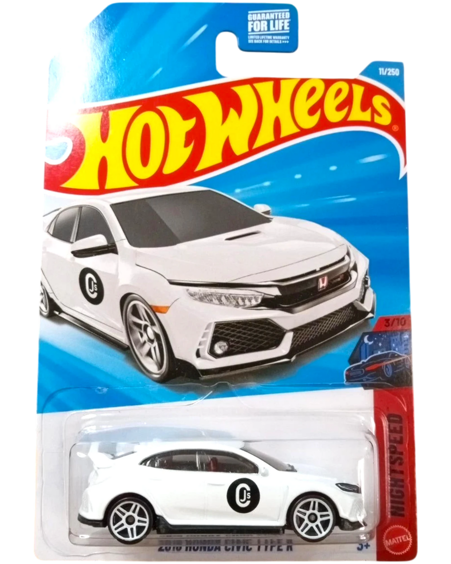 More Than Diecast 2018 white Honda Civic Type R Hot Wheels 1:64 scale die-cast car with black accents and a rear spoiler.