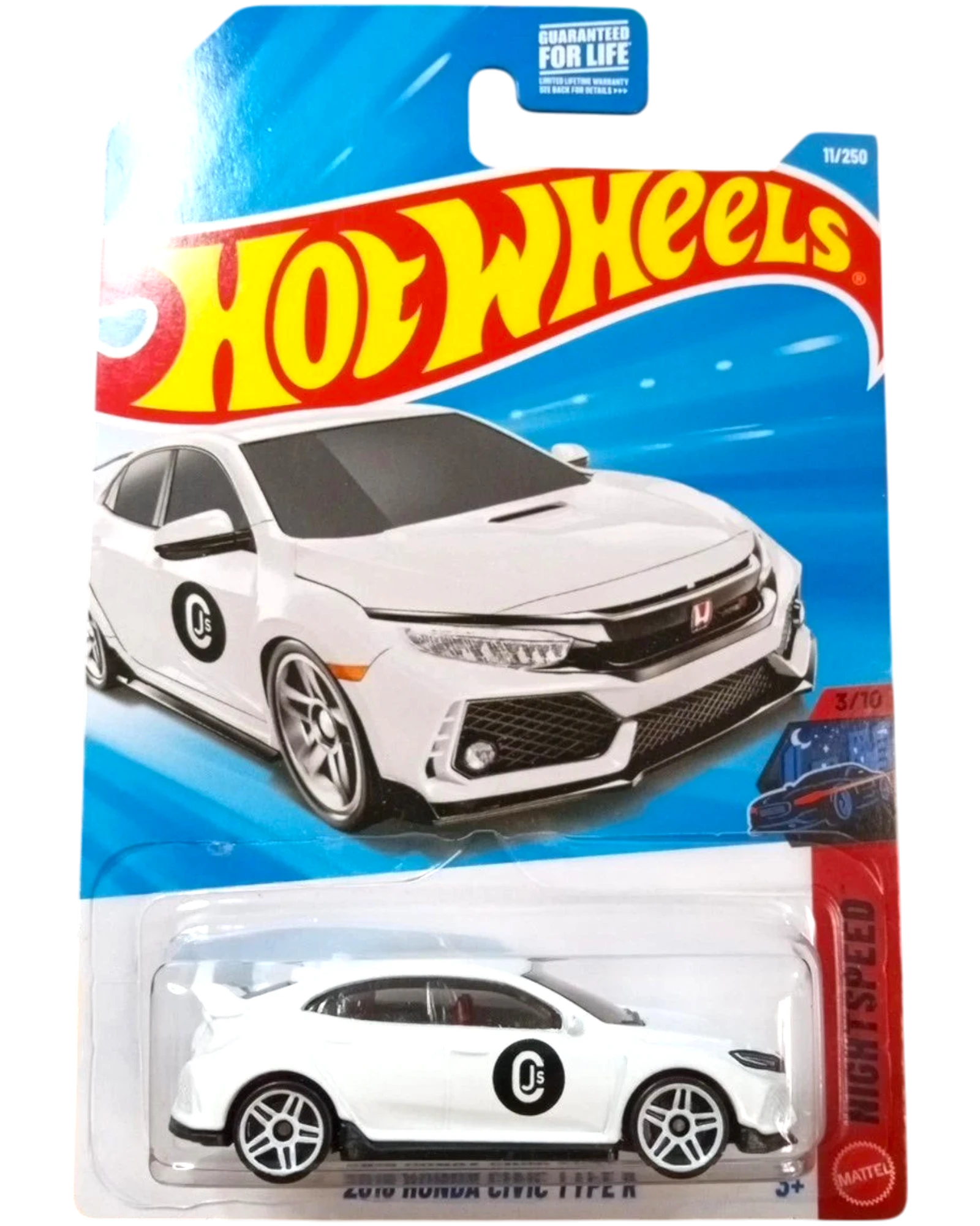 More Than Diecast 2018 white Honda Civic Type R Hot Wheels 1:64 scale die-cast car with black accents and a rear spoiler.