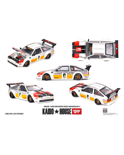 More Than Diecast: White 1:64 scale Kaido House x Mini GT Toyota AE86 Sprinter Trueno die-cast model with racing decals and spoiler.