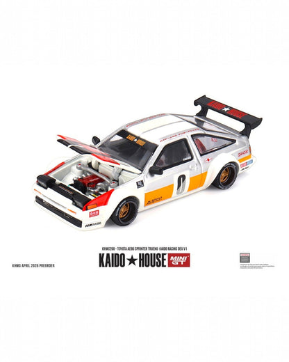 More Than Diecast: White 1:64 scale Kaido House x Mini GT Toyota AE86 Sprinter Trueno die-cast model with racing decals and exposed engine.