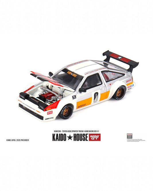 More Than Diecast: White 1:64 scale Kaido House x Mini GT Toyota AE86 Sprinter Trueno die-cast model with racing decals and exposed engine.